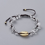 Adjustable Chip Natural Quartz Crystal Braided Bead Bracelets, with Electroplated Cowrie Shell Beads, Golden Plated Brass Beads and Nylon Thread, 5.4~8.8cm(BJEW-JB04994-03)