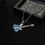 201 Stainless Steel Guitar Pendant Box Chain Necklaces, Stainless Steel Color, Blue, 27.24 inch(69.2cm)(NJEW-R001-06P-01)