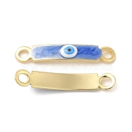 Brass Connector Charms, Curved Rectangle Links with Evil Eye Pattern, with Enamel, Real 18K Gold Plated, Long-Lasting Plated, Blue, 30x5x2mm, Hole: 3mm(KK-E075-02G-10)