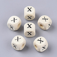Printed Natural Wood Beads, Horizontal Hole, Cube with Initial Letter, PapayaWhip, Letter.X, 10x10x10mm, Hole: 3.5mm, about 1000pcs/500g(WOOD-T026-001X)