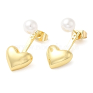 Rack Plating Brass Dangle Stud Earrings, ABS Plastic Imitation Pearl & Heart Front Back Stud Earrings, Real 16K Gold Plated, 22~23x11.5mm(EJEW-M225-11G)