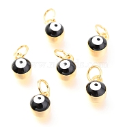 Brass Enamel Pendants, Long-Lasting Plated, Real 18K Gold Plated, with Jump Rings, Column with Evil Eye, Black, 8x5.5x4.5mm,Jump Ring: 5x0.6mm, 3mm inner diameter(KK-Y001-02A-08G)