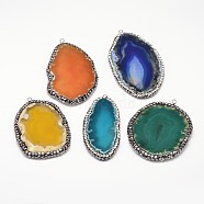 Nuggets Natural Agate Big Pendants, with Platinum Plated Brass Findings and Rhinestones, Dyed, Mixed Color, 50~95x25~60x4~8mm, Hole: 2mm(G-A144-08)