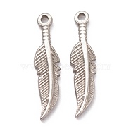 304 Stainless Steel Pendants, Feather, Stainless Steel Color, 22x5x2mm, Hole: 1.2mm(STAS-G244-30P)