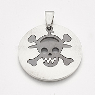 201 Stainless Steel Split Pendants, Flat Round with Skull, Gunmetal & Stainless Steel Color, 31x1.5mm, Hole: 4x8mm(STAS-T038-92)