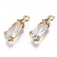 Brass Charms, with Glass, Teardrop, Faceted, Real 18K Gold Plated, Nickel Free, Clear, 14x5x4mm, Hole: 1mm(KK-R116-002C-NF)