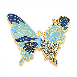 Rack Plating Alloy Enamel Big Pendants, Cadmium Free & Nickel Free & Lead Free, Butterfly with Flower Charms, Golden, Marine Blue, 55x63.5x2mm, Hole: 2.5mm(ENAM-N056-398E-G)