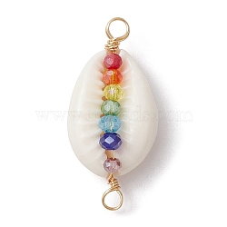 Natural Shell Copper Wire Wrapped Connector Charms, with Colorful Glass Beads, Golden, 30.5x14.5x9.5mm, Hole: 2.5mm(PALLOY-JF02318)