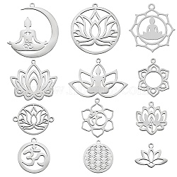 12Pcs 12 Style 201 Stainless Steel Pendants, Laser Cut, Chakra, Mixed Shapes, Stainless Steel Color, 14~32x12~30x1mm, 1pcs/style(STAS-SZ0002-48P)