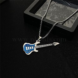 201 Stainless Steel Guitar Pendant Box Chain Necklaces, Stainless Steel Color, Blue, 27.24 inch(69.2cm)(NJEW-R001-06P-01)