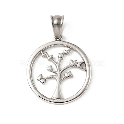 304 Stainless Steel Pendants, Round Ring with Tree Charms, Stainless Steel Color, 31.5x28x2mm, Hole: 8x5mm(STAS-F363-08B-P)