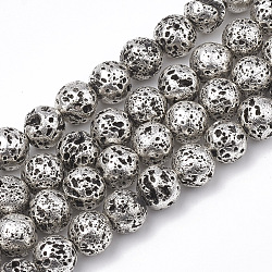Electroplated Natural Lava Rock Beads Strands, Round, Bumpy, Dark Gray, 8~8.5mm, Hole: 1mm, about 46pcs/strand, 14.5 inch(X-G-T098-01C-10)
