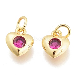 Brass Micro Pave Cubic Zirconia Charms, with Jump Ring, Heart, Golden, Hot Pink, 7.5x6.5x2.5mm, Hole: 1.5mm, Jump rings: 3.5x0.8mm(KK-M206-31G-03)