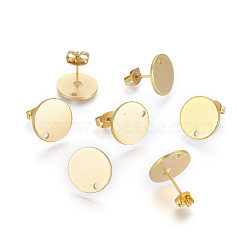 Brass Stud Earring Findings, with Flat Plate, with Ear Nuts/Earring Backs, Long-Lasting Plated, Flat Round, Matte Gold Color, 12mm, Hole: 1.2mm, Pin: 0.7mm(KK-G365-09MG)