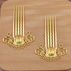 Flower Alloy Hair Comb Findings, with Iron Comb and Loop, Golden, 61x38mm(PW-WG61544-02)