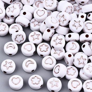 Opaque White Acrylic Beads, Metal Enlaced, Flat Round with Rose Gold Star & Flower & Moon & Heart, 7x4mm, Hole: 1.5mm, about 3600pcs/500g