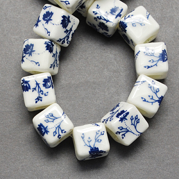 Handmade Printed Porcelain Beads, Cube, Marine Blue, 10x10x10mm, Hole: 4mm