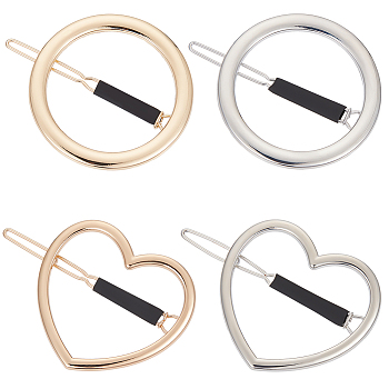MAKERER 4Pcs 4 Style Alloy Hollow Heart & Ring Hair Pin, Ponytail Holder Statement, Hair Accessories for Women, Platinum & Light Gold, 43~46x56~61x7~8.5mm, 1pc/style