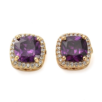 Brass Micro Pave Cubic Zirconia Beads, Real 18K Gold Plated, Square, Purple, 11x11x7.5mm, Hole: 2mm