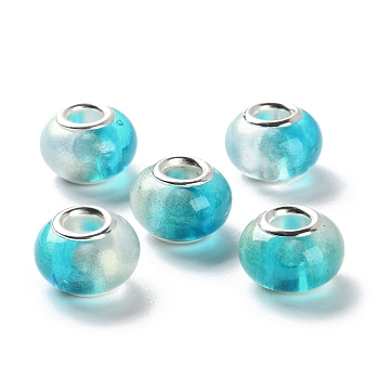 Two Tone Resin European Beads, Rondelle Large Hole Beads, with Platinum Tone Alloy Double Cores, Cyan, 14x9mm, Hole: 5mm