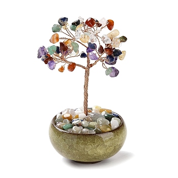 Natural Mixed Stone Chips Tree Decorations, Ceramic Bowl Base Copper Wire Feng Shui Energy Stone Gift for Home Desktop Decoration, 67~70x110~115mm