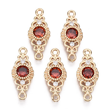 Brass Micro Pave Cubic Zirconia Links Connectors, with Glass, Horse Eye, Long-Lasting Plated, Light Gold, Red, 19.5x8x3mm, Hole: 1.2mm