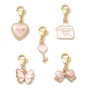 Valentine's Day Alloy Enamel Pendants Decoratios, with Stainless Steel Lobster Claw Clasps, Mixed Shapes, Pink, 22~28mm