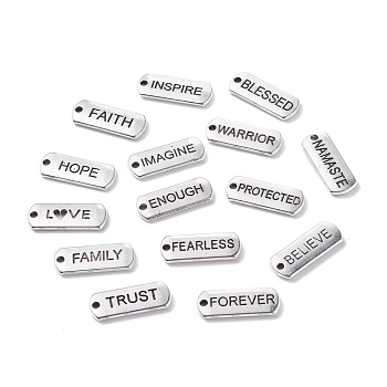 (Defective Closeout Sale: Blister) Tibetan Style Alloy Inspirational Message Pendants, Rectangle with Word, Platinum, 21x8x2mm, Hole: 1.5mm