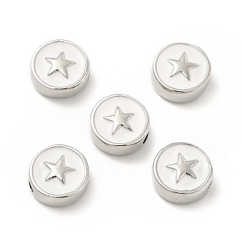 Brass Enamel Beads, Flat Round with Star, Platinum, White, 10.8x4.6mm, Hole: 2mm