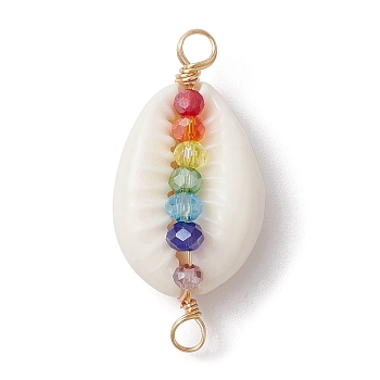 Natural Shell Copper Wire Wrapped Connector Charms, with Colorful Glass Beads, Golden, 30.5x14.5x9.5mm, Hole: 2.5mm