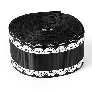 Polyester Printed Grosgrain Ribbon, Single Face Lace Pattern, for DIY Handmade Craft, Gift Decoration , Black, 1-1/2 inch(38mm), 10 yards/roll(9.14m/roll)