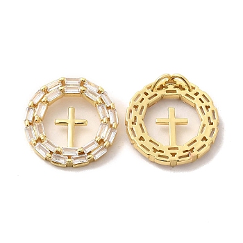 Brass Micro Pave Cubic Zirconia Pendants, Flat Round with Cross Charm, Golden, Religion, Clear, 24x3.5mm, Hole: 2x3mm