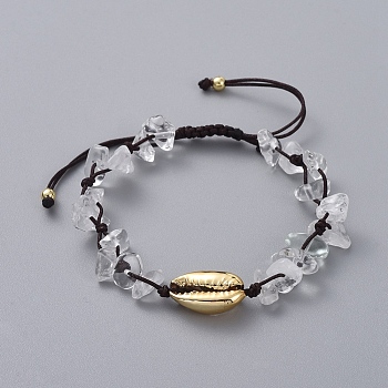 Adjustable Chip Natural Quartz Crystal Braided Bead Bracelets, with Electroplated Cowrie Shell Beads, Golden Plated Brass Beads and Nylon Thread, 5.4~8.8cm