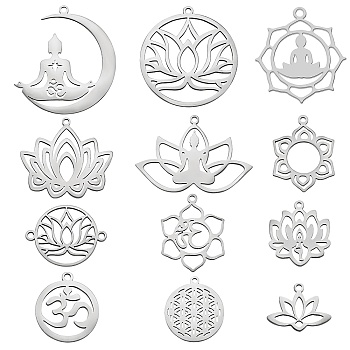 12Pcs 12 Style 201 Stainless Steel Pendants, Laser Cut, Chakra, Mixed Shapes, Stainless Steel Color, 14~32x12~30x1mm, 1pcs/style