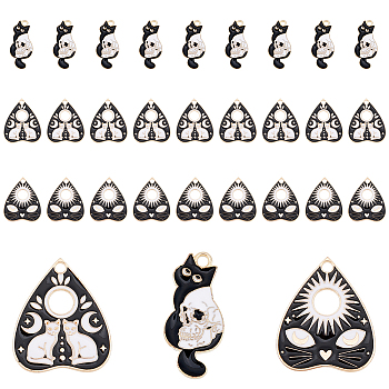 DICOSMETIC 30Pcs 3 Style Alloy Enamel Pendants, Heart with Cat & Moon & Cat with Skull, Black, 26~27.5x13~22x1~1.5mm, Hole: 2mm, 10pcs/style