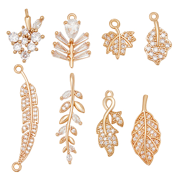 DIY Leaf Shape Jewelry Making Finding Kit, Including Brass with Clear Cubic Zirconia Pendants & Connector Links, Light Gold, 12~33x8~11x1.5~4.5mm, Hole: 3x1.5mm, 18Pcs/box