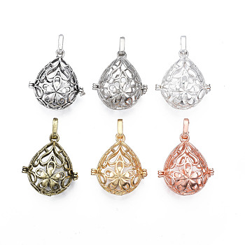Rack Plating Brass Locket Pendants, Cadmium Free & Lead Free, Teardrop with Flower, Hollow, Mixed Color, 30.5x27x19mm, Hole: 3x8mm