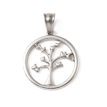 304 Stainless Steel Pendants, Round Ring with Tree Charms, Stainless Steel Color, 31.5x28x2mm, Hole: 8x5mm