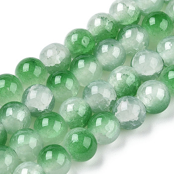 Crackle Baking Painted Imitation Jade Glass Beads Strands, Two Tone, Round, Green, 8mm, Hole: 1.5mm, about 104~108pcs/strand, 29.72 inch~30.91 inch(75.5~78.5cm)