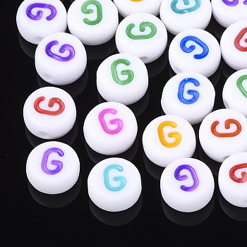 Initial Acrylic Beads, Horizontal Hole, Flat Round, Mixed Color, Letter.G, 7x3.5~4mm, Hole: 1.2mm, about 3700pcs/500g