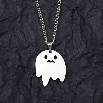 Non-Tarnish 201 Stainless Steel Pendant Necklaces for Man, Ghost, 23.78 inch(60.4cm), Ghost: 33x26x1.3mm