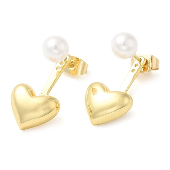 Rack Plating Brass Dangle Stud Earrings, ABS Plastic Imitation Pearl & Heart Front Back Stud Earrings, Real 16K Gold Plated, 22~23x11.5mm