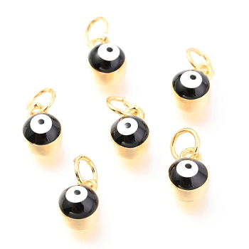 Brass Enamel Pendants, Long-Lasting Plated, Real 18K Gold Plated, with Jump Rings, Column with Evil Eye, Black, 8x5.5x4.5mm,Jump Ring: 5x0.6mm, 3mm inner diameter