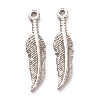 304 Stainless Steel Pendants, Feather, Stainless Steel Color, 22x5x2mm, Hole: 1.2mm