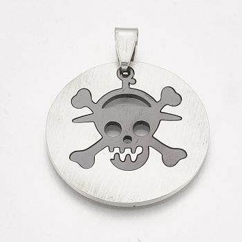 201 Stainless Steel Split Pendants, Flat Round with Skull, Gunmetal & Stainless Steel Color, 31x1.5mm, Hole: 4x8mm