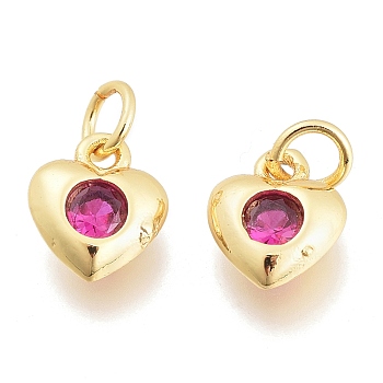 Brass Micro Pave Cubic Zirconia Charms, with Jump Ring, Heart, Golden, Hot Pink, 7.5x6.5x2.5mm, Hole: 1.5mm, Jump rings: 3.5x0.8mm