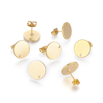 Brass Stud Earring Findings, with Flat Plate, with Ear Nuts/Earring Backs, Long-Lasting Plated, Flat Round, Matte Gold Color, 12mm, Hole: 1.2mm, Pin: 0.7mm