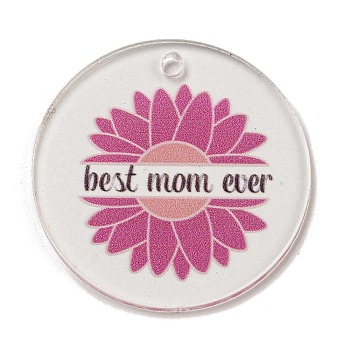 Mother's Day Opaque Acrylic Pendants, Flat Round with Word, Old Rose, 45x3mm, Hole: 3.5mm