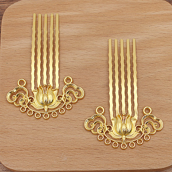Flower Alloy Hair Comb Findings, with Iron Comb and Loop, Golden, 61x38mm