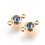 304 Stainless Steel Rhinestone Links connectors, Flat Round, Golden, Capri Blue, 12x6.5x4mm, Hole: 2mm(STAS-P237-17G-06)